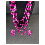 Magenta Pink Beaded Multi-Strand Necklace with Matching Earrings Set