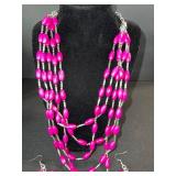 Magenta Pink Beaded Multi-Strand Necklace with Matching Earrings Set