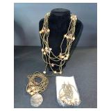 Bronze-Tone Beaded Multi-Strand Necklace with Amber Beads & Coin Pendant