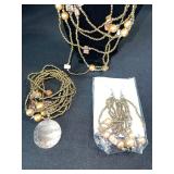 Bronze-Tone Beaded Multi-Strand Necklace with Amber Beads & Coin Pendant