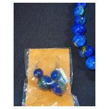 Blue Marbled Glass Bead Necklace, Bracelet & Earrings Set