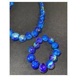 Blue Marbled Glass Bead Necklace, Bracelet & Earrings Set
