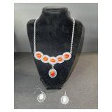 Orange Cabochon Necklace & Earrings Set - Silver-Tone Beaded Halo