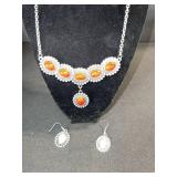 Orange Cabochon Necklace & Earrings Set - Silver-Tone Beaded Halo