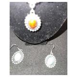 Orange Cabochon Necklace & Earrings Set - Silver-Tone Beaded Halo