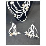 Pearl Bead Necklace & Tan Cube Bead Earrings Set