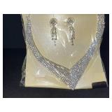 V-Shaped Rhinestone Necklace & Earrings Set - Silver Tone Costume Jewelry