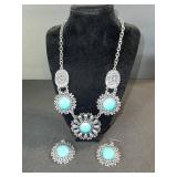 Turquoise Cabochon Necklace & Earrings Set - Silver Tone Filigree Jewelry