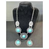 Turquoise Cabochon Necklace & Earrings Set - Silver Tone Filigree Jewelry