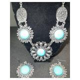 Turquoise Cabochon Necklace & Earrings Set - Silver Tone Filigree Jewelry