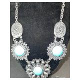 Turquoise Cabochon Necklace & Earrings Set - Silver Tone Filigree Jewelry