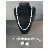 Turquoise Bead Necklace, Bracelet & Earrings Set - Silver Tone Filigree