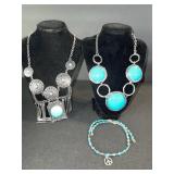 Turquoise Jewelry Set - 2 Necklaces & Beaded Bracelet, Silver-Tone