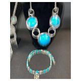 Turquoise Jewelry Set - 2 Necklaces & Beaded Bracelet, Silver-Tone