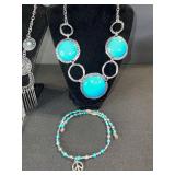 Turquoise Jewelry Set - 2 Necklaces & Beaded Bracelet, Silver-Tone