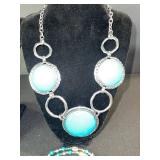 Turquoise Jewelry Set - 2 Necklaces & Beaded Bracelet, Silver-Tone