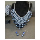 Blue Pearl Necklace Set - Bracelet & Earrings - Multi-Strand Silver-Tone