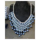 Blue Pearl Necklace Set - Bracelet & Earrings - Multi-Strand Silver-Tone
