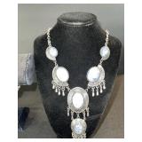 Jewelry Set - Silver-Tone Necklace, Bracelet & Matching Accessories with Blue & White Cabochons