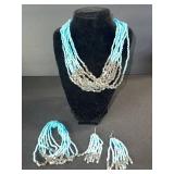 Turquoise Bead Multi-Strand Necklace & Matching Earrings Set