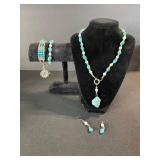 Turquoise Bead Necklace Set with Pearl Accents - Necklace, 2 Bracelets & Earrings