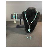 Turquoise Bead Necklace Set with Pearl Accents - Necklace, 2 Bracelets & Earrings
