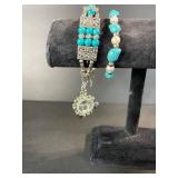 Turquoise Bead Necklace Set with Pearl Accents - Necklace, 2 Bracelets & Earrings