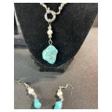 Turquoise Bead Necklace Set with Pearl Accents - Necklace, 2 Bracelets & Earrings