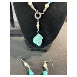 Turquoise Bead Necklace Set with Pearl Accents - Necklace, 2 Bracelets & Earrings
