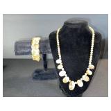 Beaded Stone Disc Necklace & Bracelet Set - Earth-Tone Beads