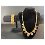Beaded Stone Disc Necklace & Bracelet Set - Earth-Tone Beads