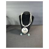 Turquoise Shell Pendant Necklace with Turquoise Cabochon - Earrings & Ring Set