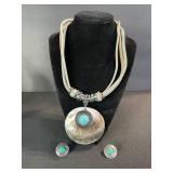 Turquoise Shell Pendant Necklace with Turquoise Cabochon - Earrings & Ring Set
