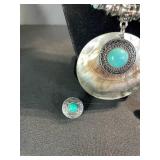Turquoise Shell Pendant Necklace with Turquoise Cabochon - Earrings & Ring Set