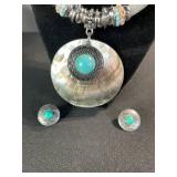 Turquoise Shell Pendant Necklace with Turquoise Cabochon - Earrings & Ring Set