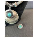 Turquoise Shell Pendant Necklace with Turquoise Cabochon - Earrings & Ring Set