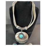 Turquoise Shell Pendant Necklace with Turquoise Cabochon - Earrings & Ring Set