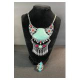 Statement Necklace & Ring Set - Silver Tone Turquoise Cabochon & Red Accents