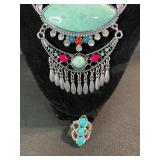 Statement Necklace & Ring Set - Silver Tone Turquoise Cabochon & Red Accents