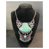 Statement Necklace & Ring Set - Silver Tone Turquoise Cabochon & Red Accents