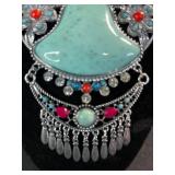 Statement Necklace & Ring Set - Silver Tone Turquoise Cabochon & Red Accents