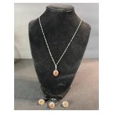 Orange Center Stone Halo Pendant Necklace with Ring & Stud Earrings