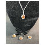 Orange Center Stone Halo Pendant Necklace with Ring & Stud Earrings