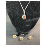 Orange Center Stone Halo Pendant Necklace with Ring & Stud Earrings