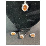 Orange Center Stone Halo Pendant Necklace with Ring & Stud Earrings