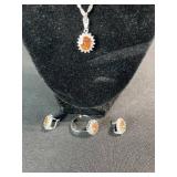 Orange Center Stone Halo Pendant Necklace with Ring & Stud Earrings