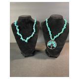 Turquoise Chip Bead Necklaces Set of 2 - One with Tree of Life Pendant