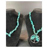 Turquoise Chip Bead Necklaces Set of 2 - One with Tree of Life Pendant