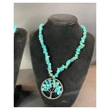 Turquoise Chip Bead Necklaces Set of 2 - One with Tree of Life Pendant