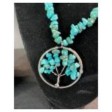 Turquoise Chip Bead Necklaces Set of 2 - One with Tree of Life Pendant